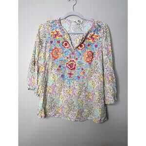 Savanna Jane Top Womens M Ditsy Floral Embroidered Tunic Bell Sleeve Hippie Boho